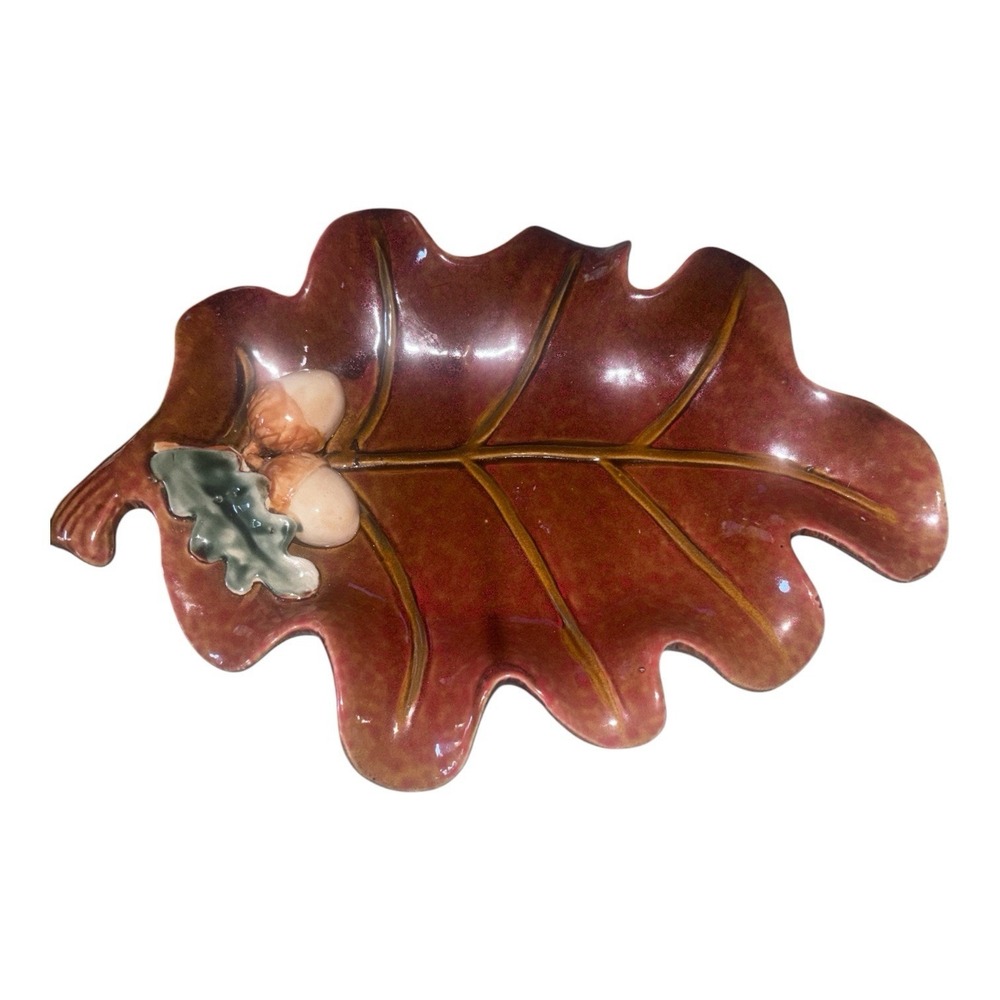 Autumn Harvest Ceramic Acorns Leaf Tray Decor Only 11" Gorgeous